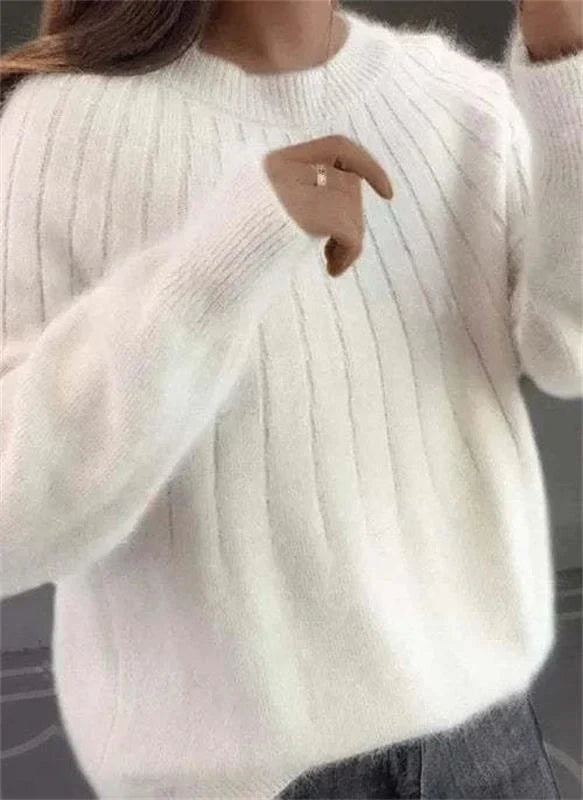 Pull doux pour femme en cachemire côtelé à col rond