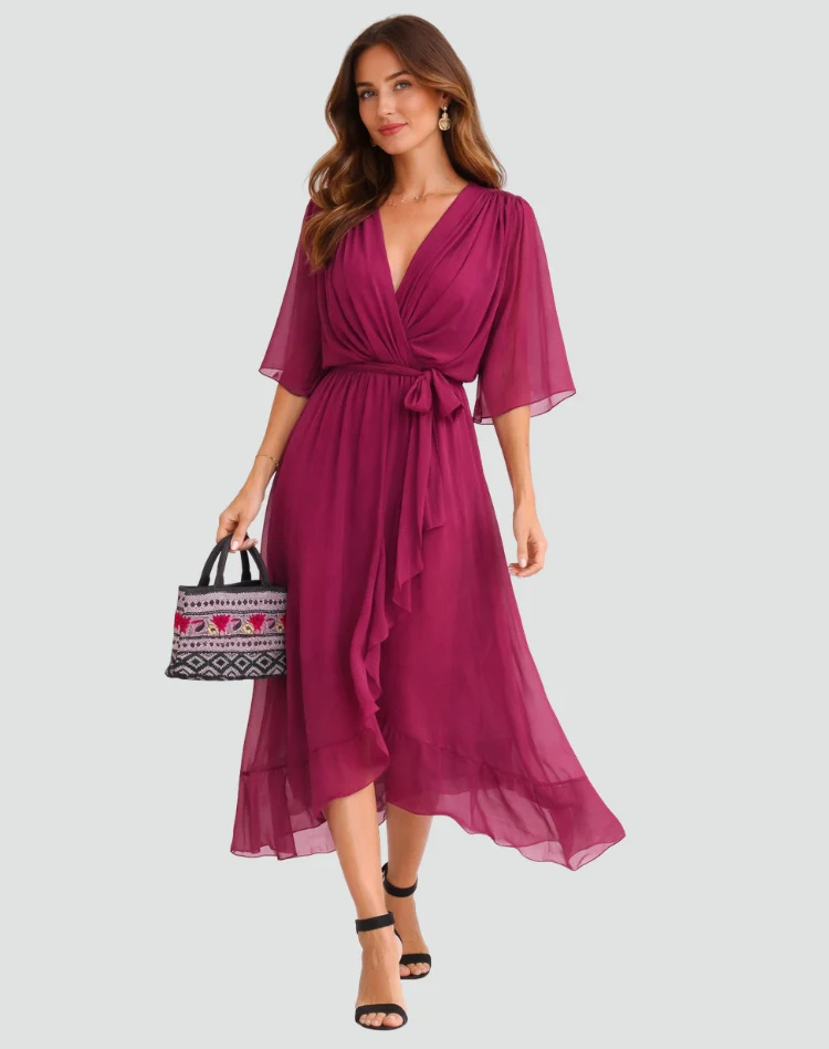 Flowy midi gala dress with a wrap neckline and tie