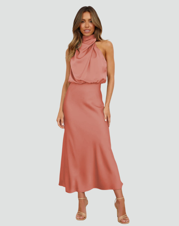 Robe midi avec col halter et finition satinée pour mariage
