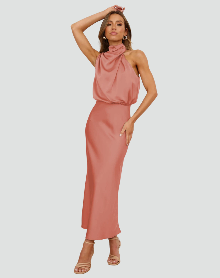 Robe midi avec col halter et finition satinée pour mariage