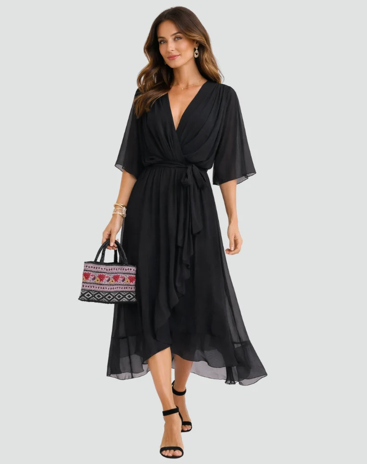 Flowy midi gala dress with a wrap neckline and tie