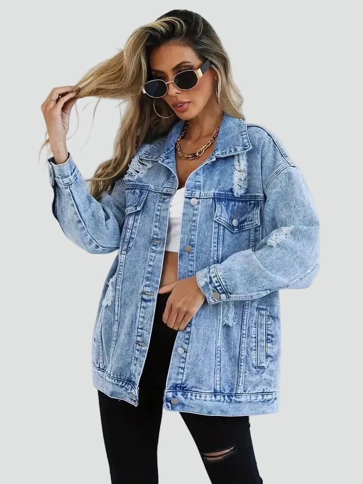 Oversized dames spijkerjack met slijtage voor dagelijks gebruik