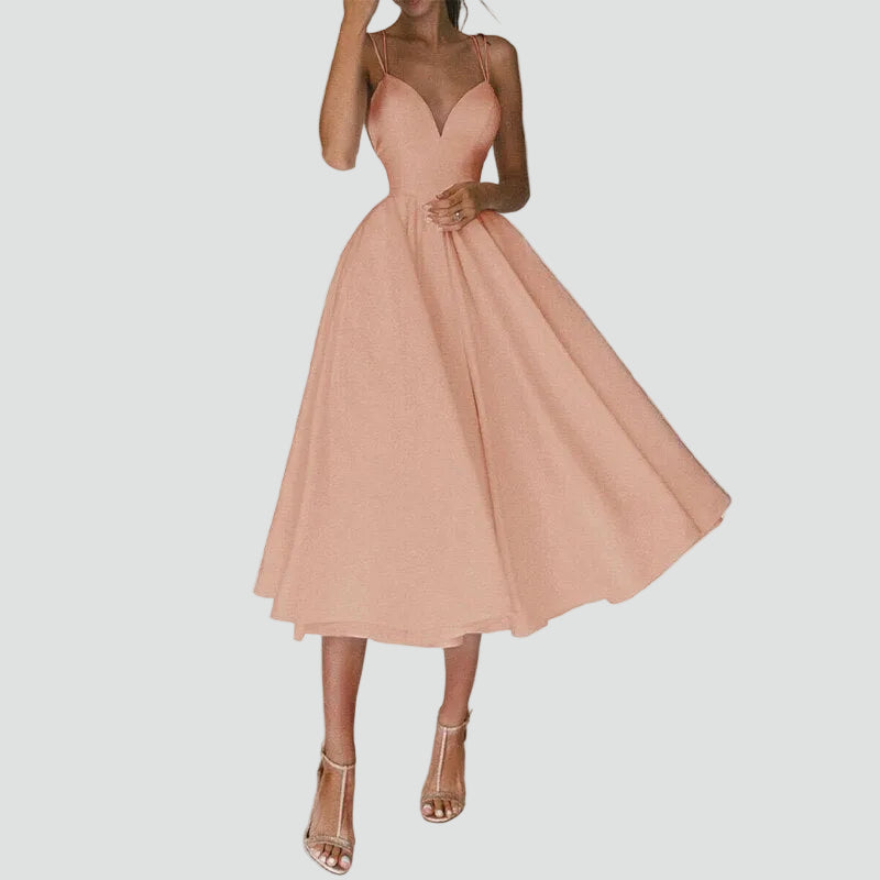 Robe midi évasée cocktail pour mariage avec décolleté en cœur