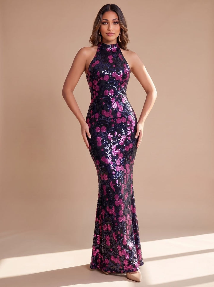 Elegancka sukienka cekinowa maxi w kwiaty na wesele