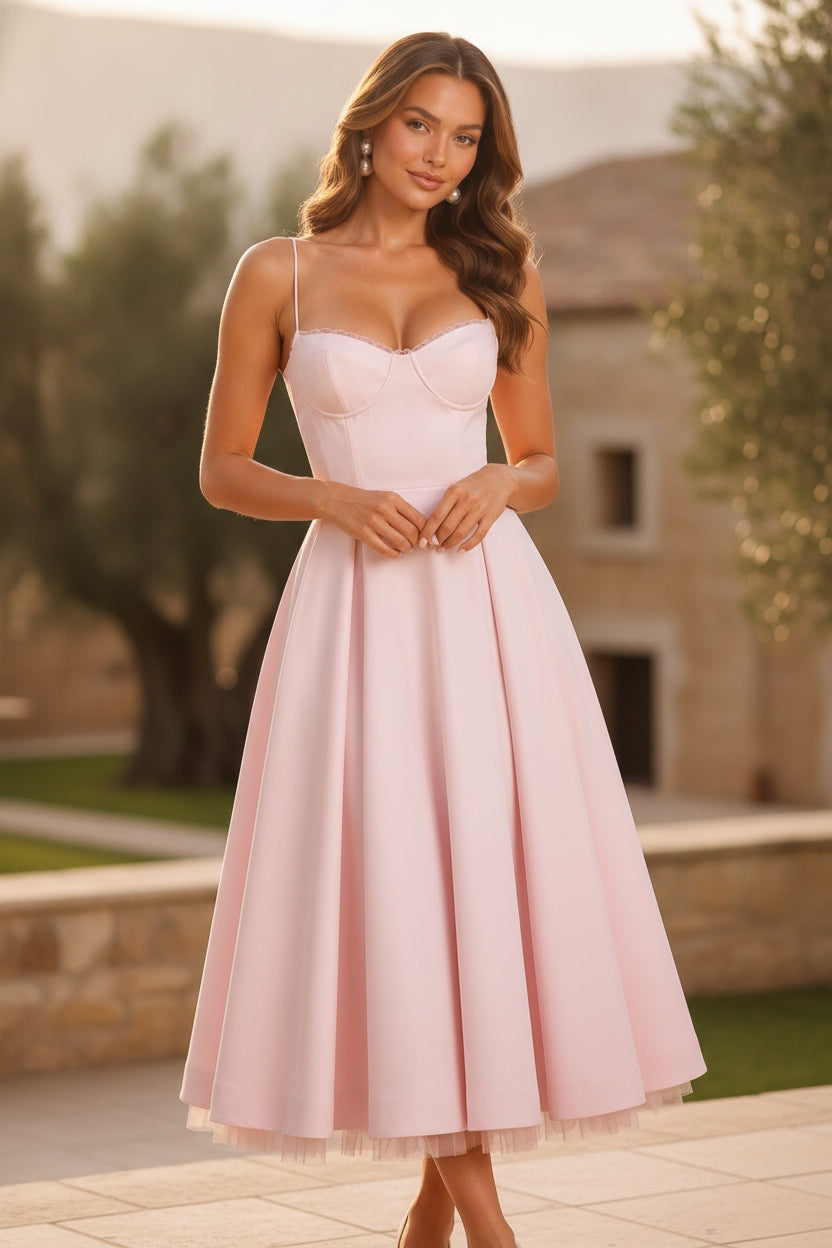 Elegancka sukienka midi gorsetowa na wesele z ramiączkami