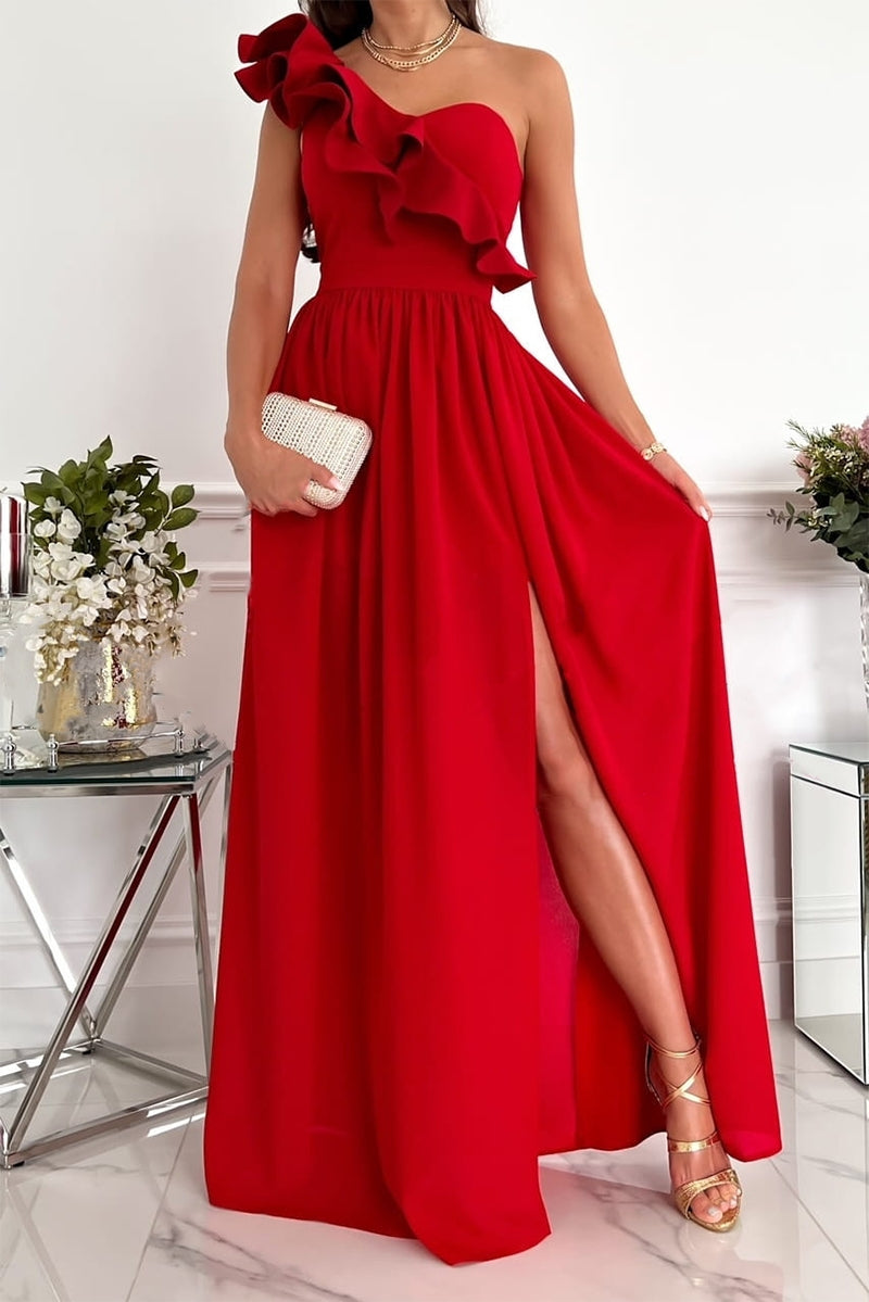 Elegancka sukienka wieczorowa maxi z falbaną na wesele