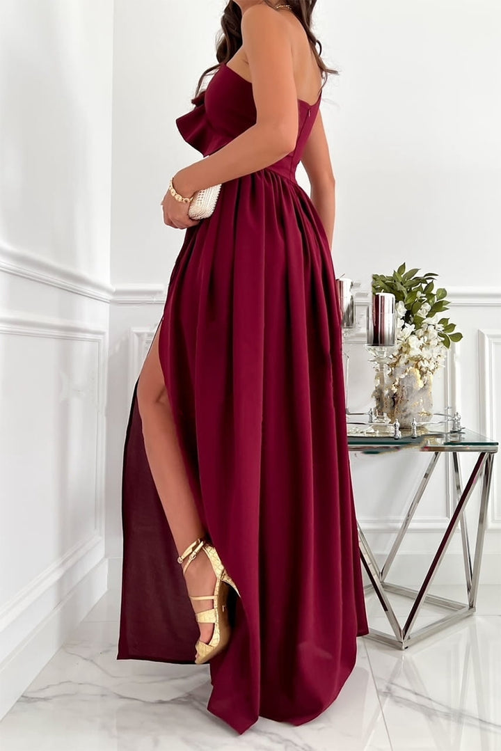Elegancka sukienka wieczorowa maxi z falbaną na wesele