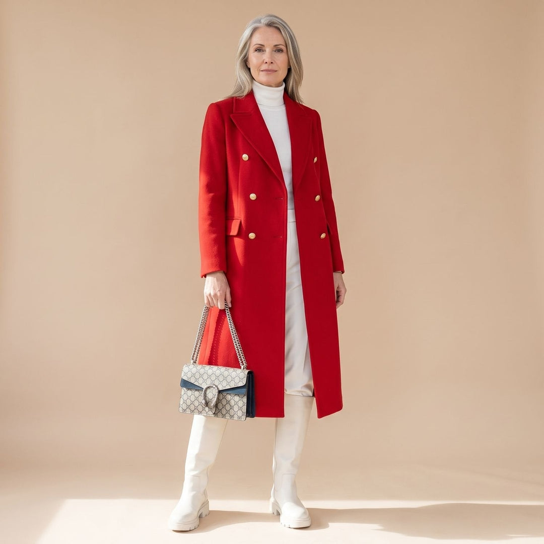 Elegancki płaszcz damski dwurzędowy midi z wełny do biura