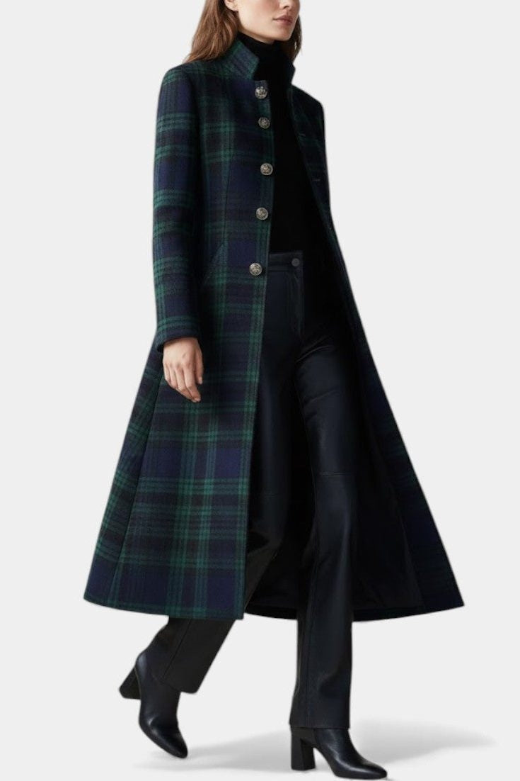 Elegancki płaszcz damski wełniany w kratę na guziki
