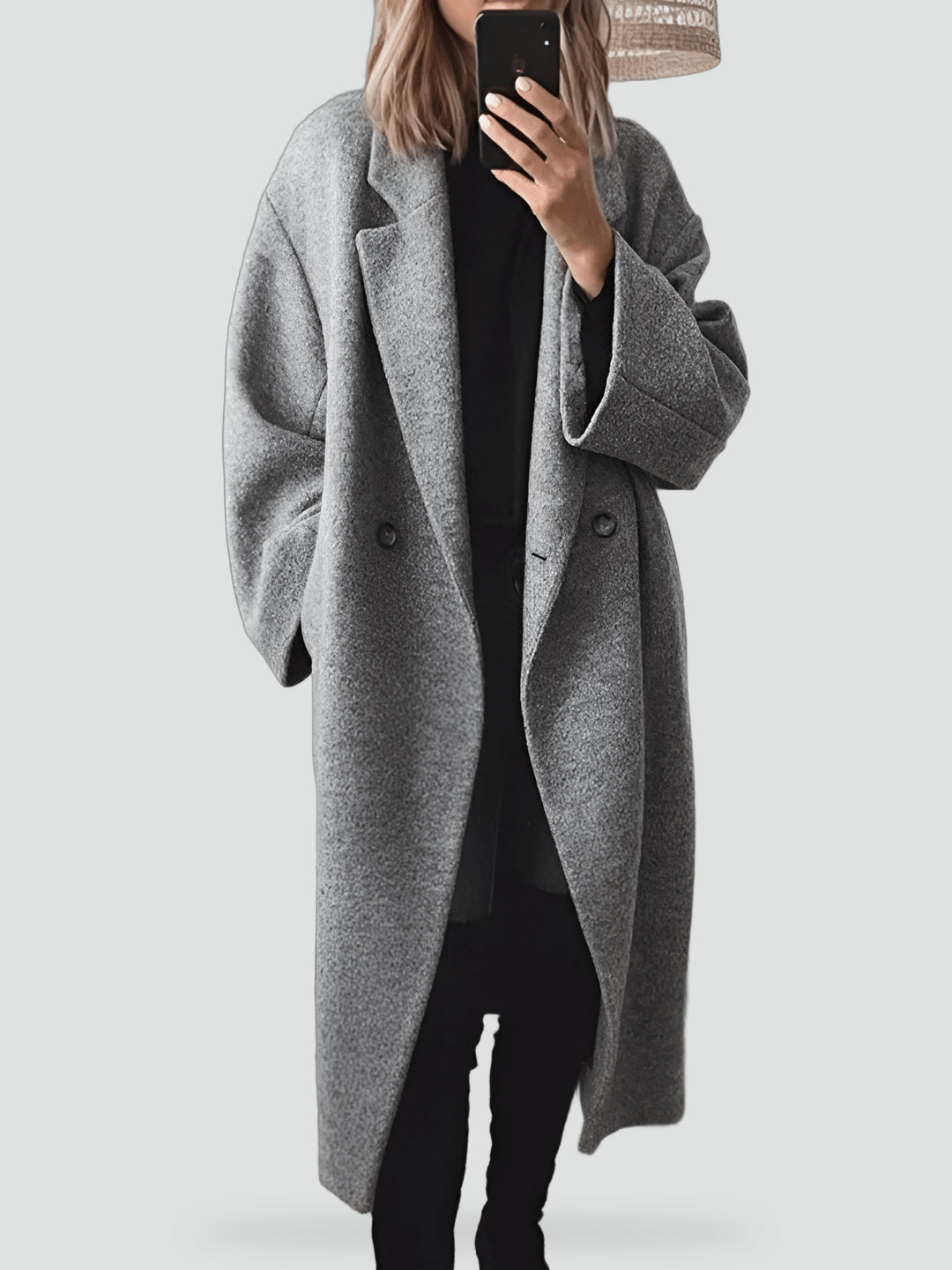 Lange oversized damesjas met dubbele rij knopen en revers