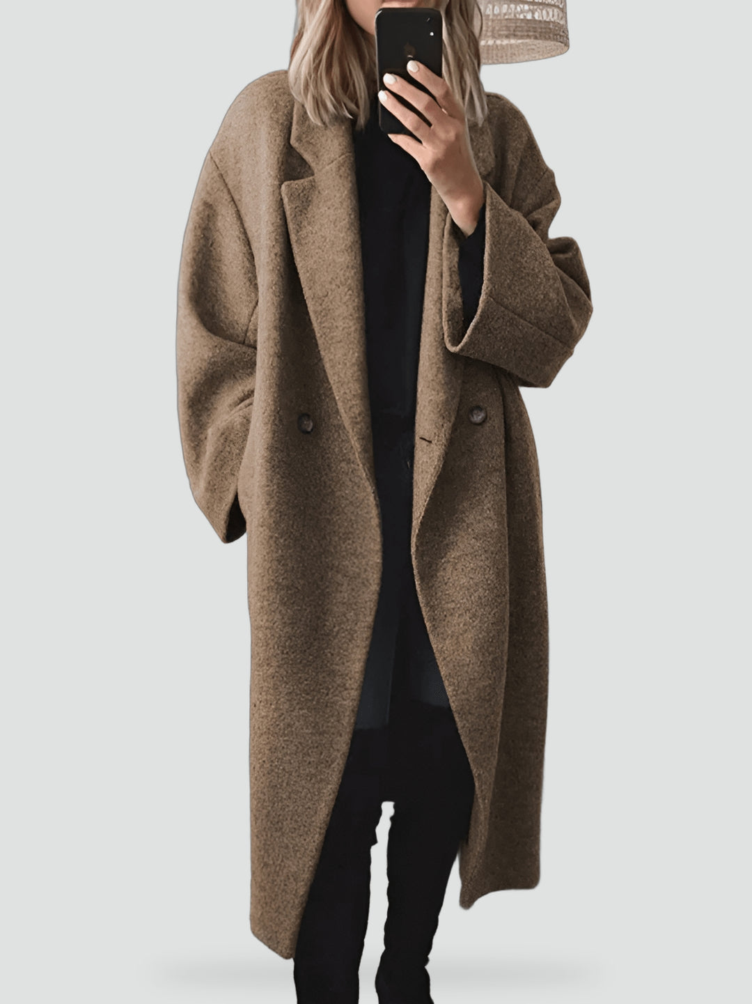 Lange oversized damesjas met dubbele rij knopen en revers