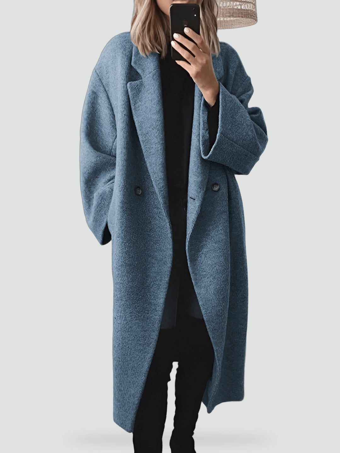 Lange oversized damesjas met dubbele rij knopen en revers