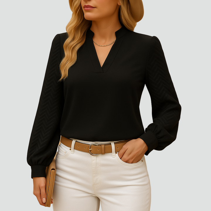 Elegant Blouse with V-Neckline and Long Sleeves in Lightweight Chiffon