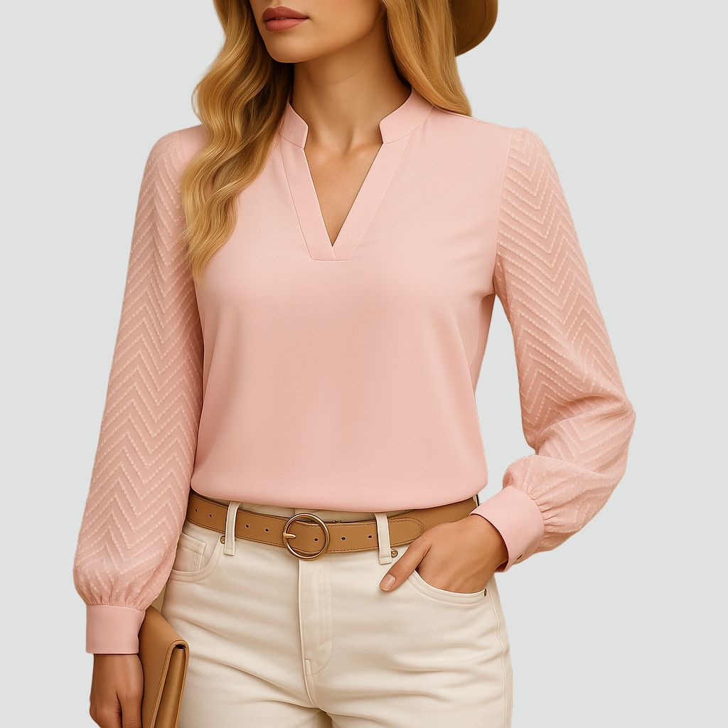 Elegant Blouse with V-Neckline and Long Sleeves in Lightweight Chiffon