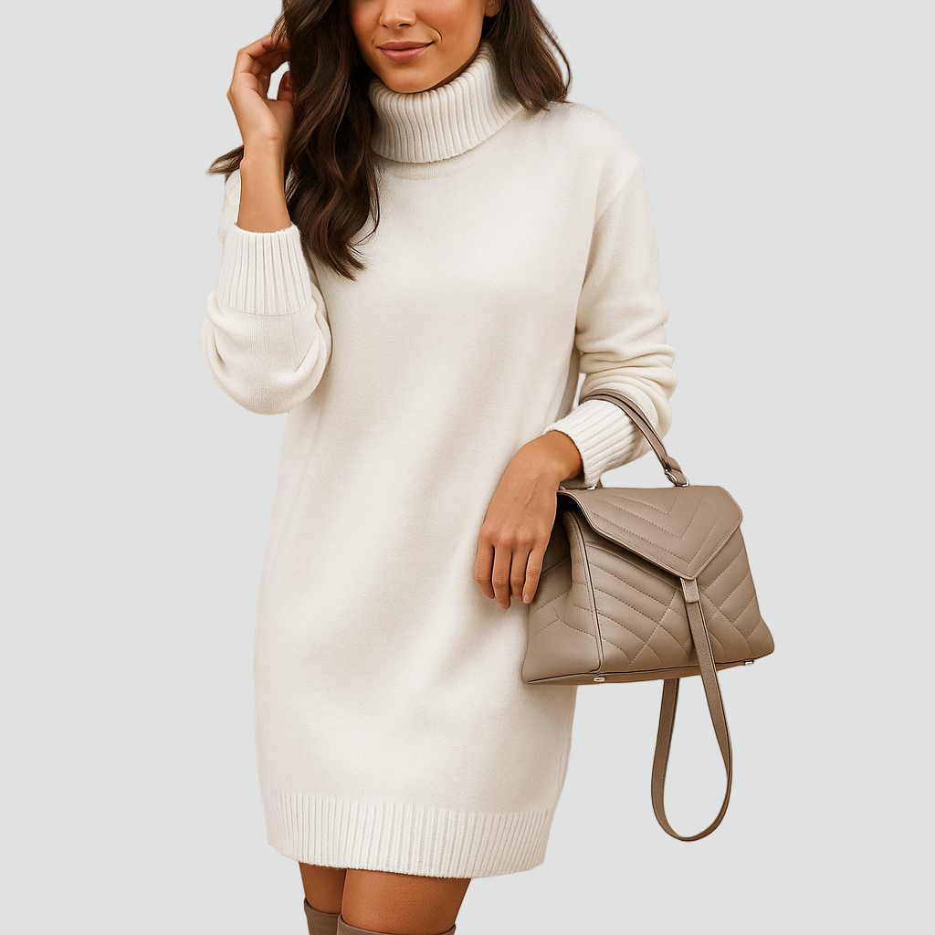 Knit sweater dress with turtleneck for women