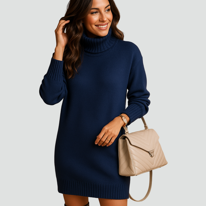Knit sweater dress with turtleneck for women