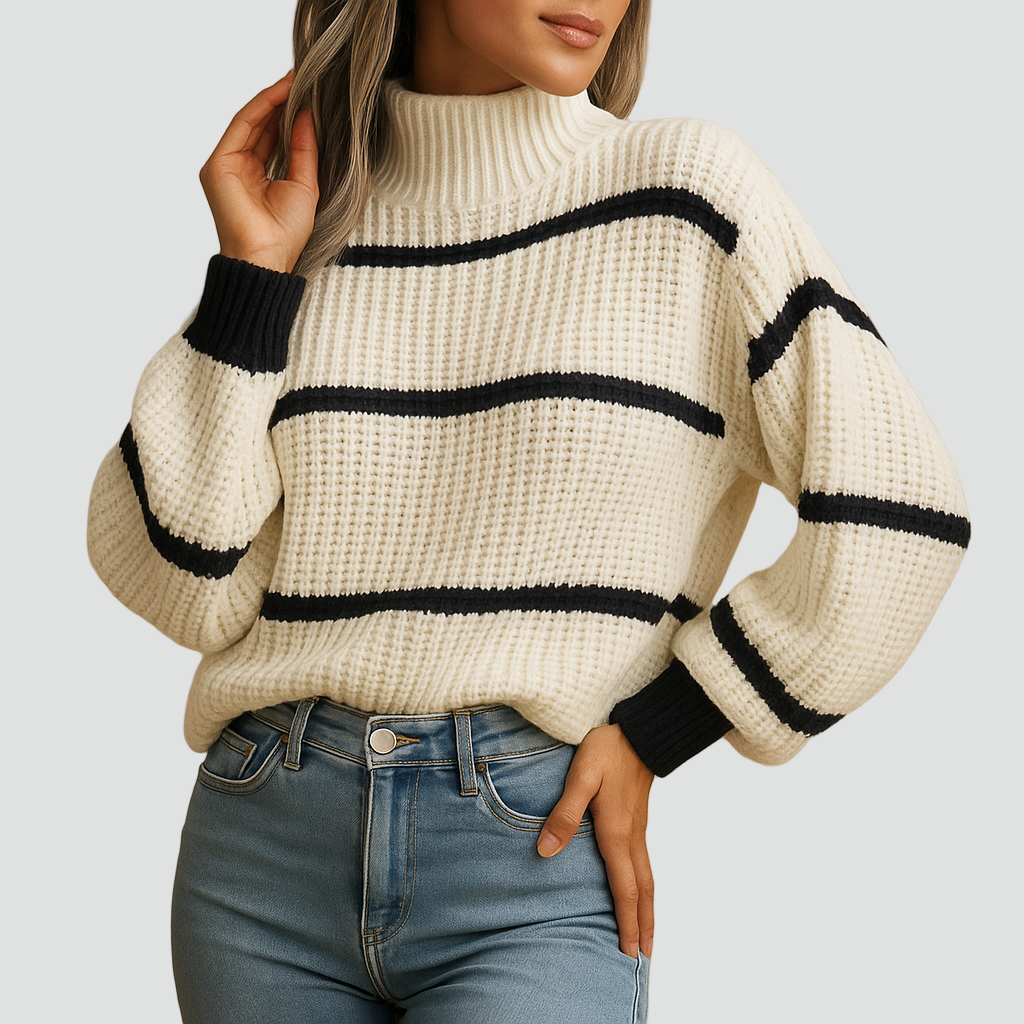 Pull à col roulé côtelé pour femmes à rayures avec poignets contrastants