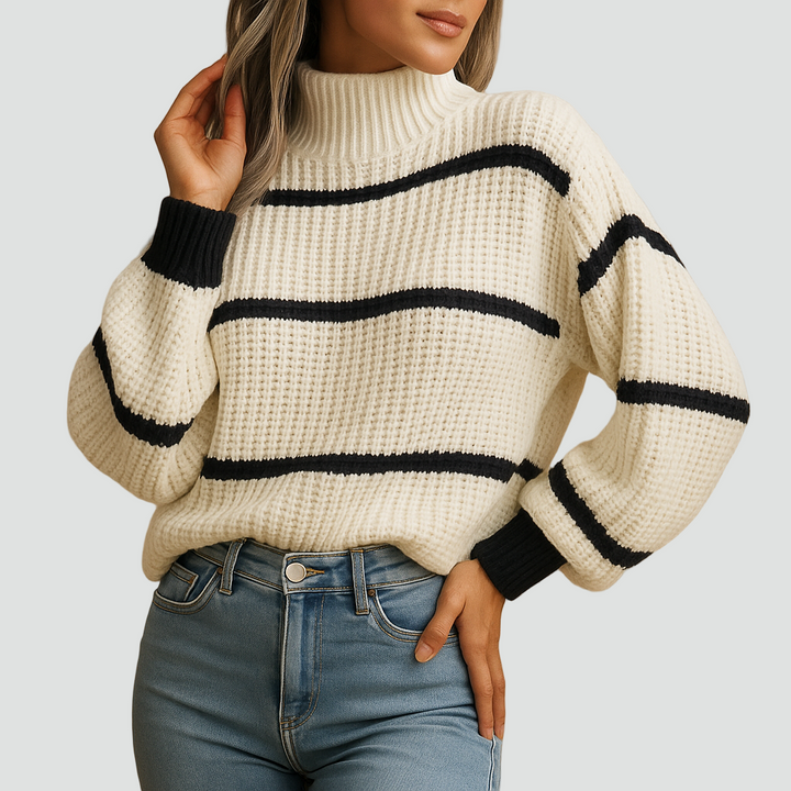 Pull à col roulé côtelé pour femmes à rayures avec poignets contrastants