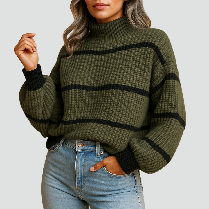 Pull à col roulé côtelé pour femmes à rayures avec poignets contrastants