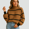 Pull à col roulé côtelé pour femmes à rayures avec poignets contrastants