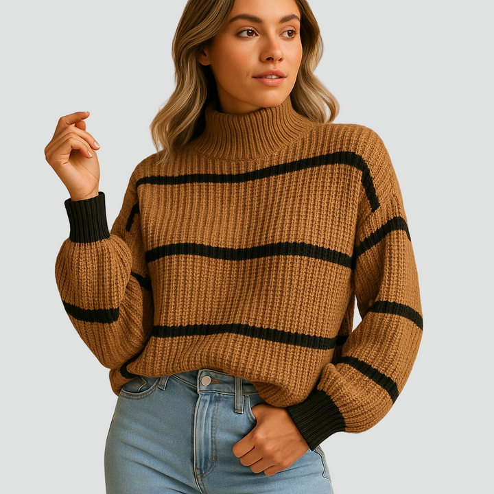 Pull à col roulé côtelé pour femmes à rayures avec poignets contrastants