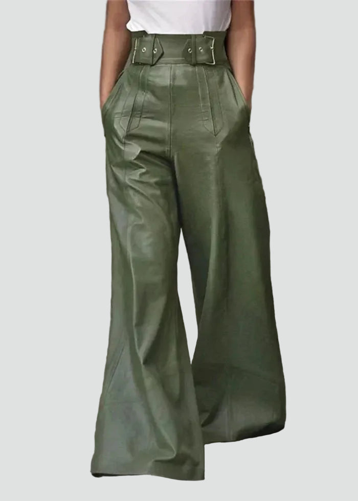 Damesbroek van kunstleer met wijde pijpen, hoge taille, riem, elegantie
