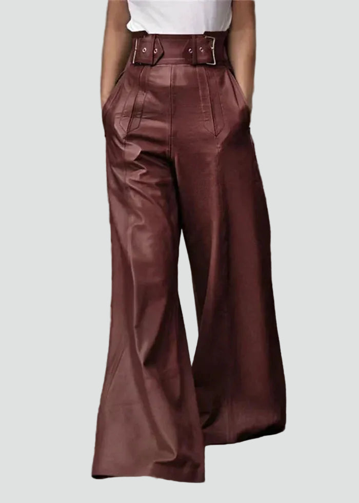 Damesbroek van kunstleer met wijde pijpen, hoge taille, riem, elegantie
