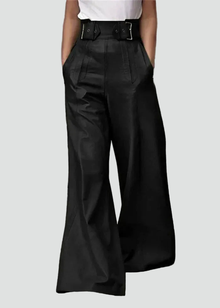 Damesbroek van kunstleer met wijde pijpen, hoge taille, riem, elegantie