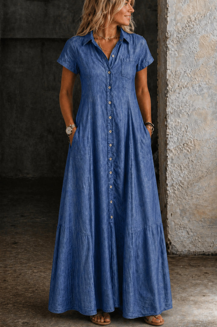 Robe longue chemise en jean avec boutons et poches