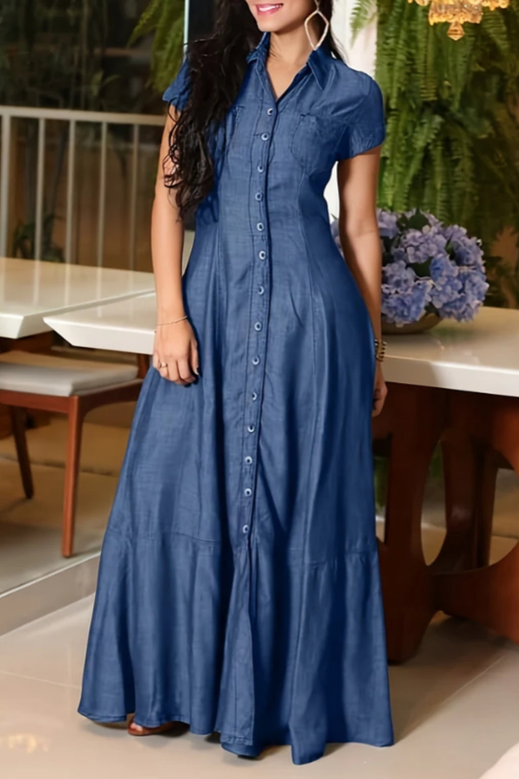 Robe longue chemise en jean avec boutons et poches