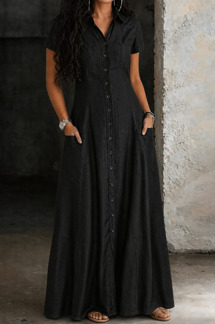 Robe longue chemise en jean avec boutons et poches