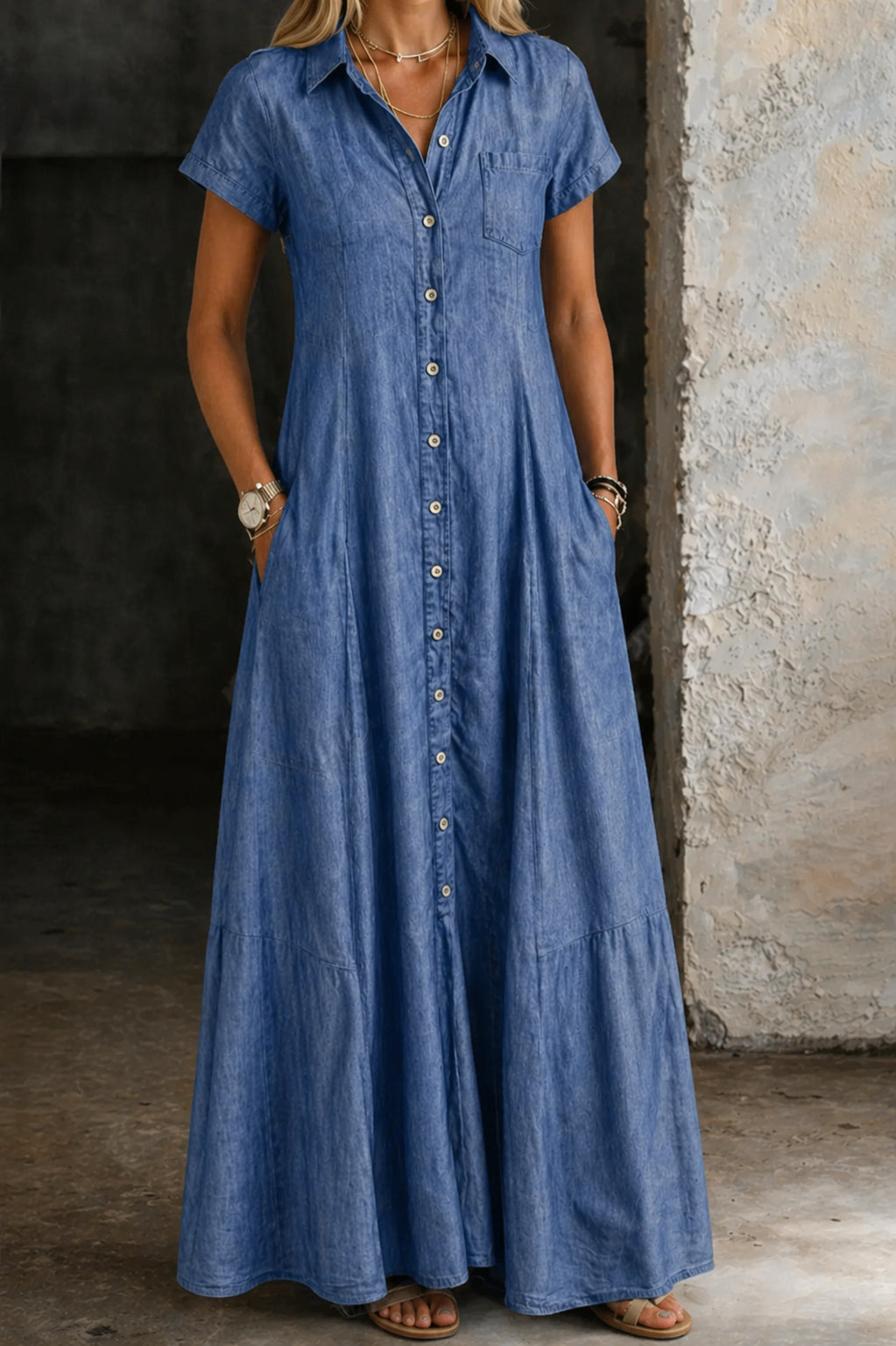 Robe longue chemise en jean avec boutons et poches