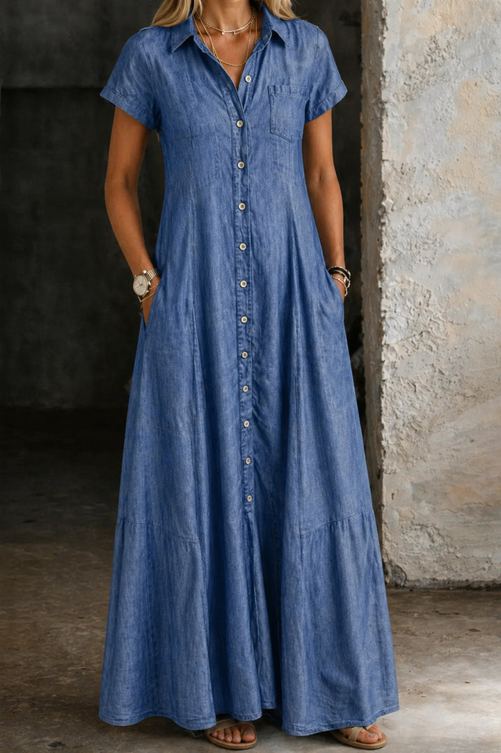 Robe longue chemise en jean avec boutons et poches