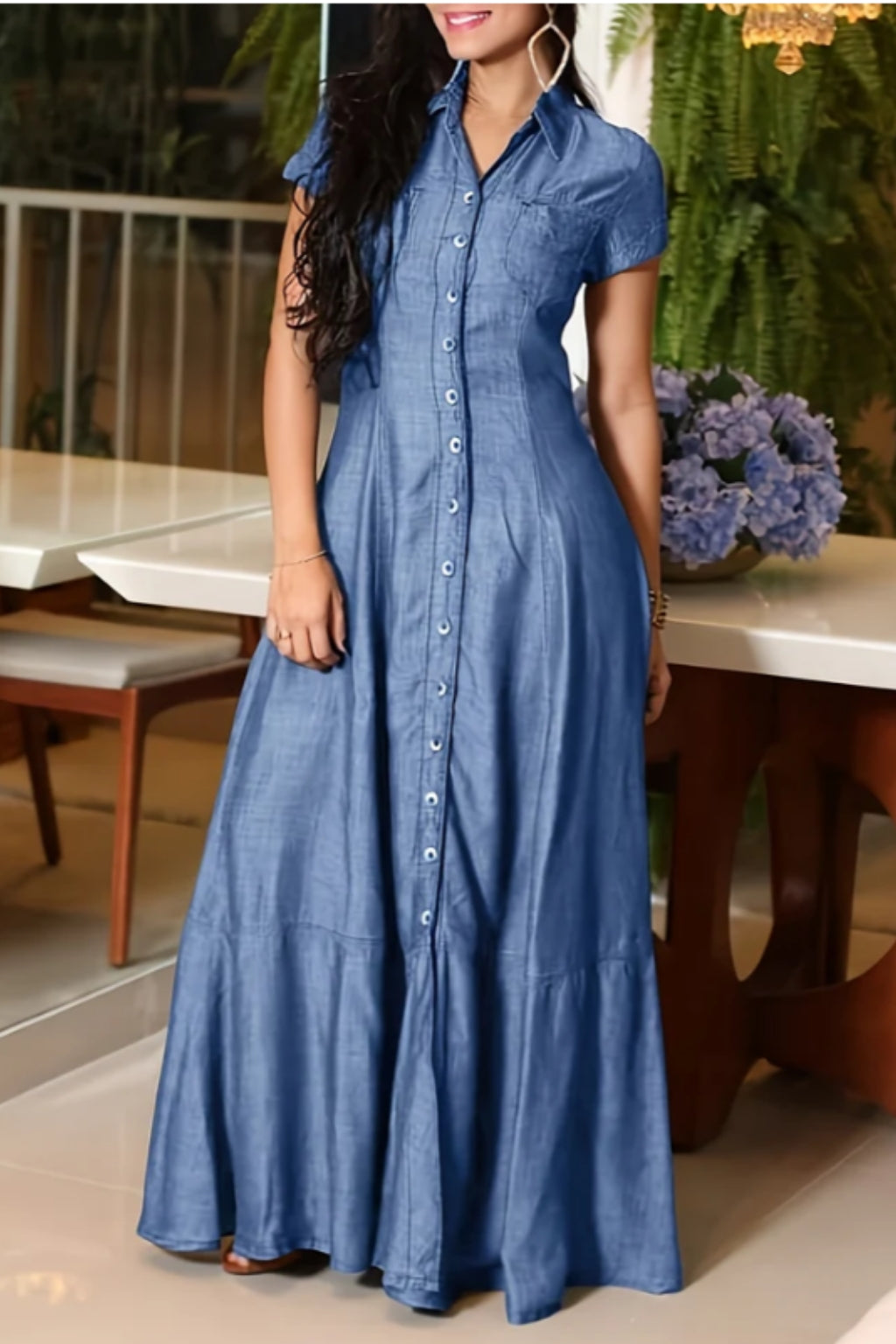 Robe longue chemise en jean avec boutons et poches