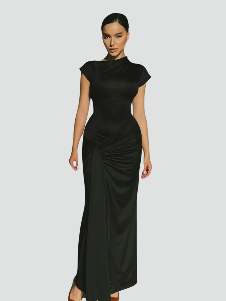 Robe maxi de soirée ajustée avec fronces et manches courtes