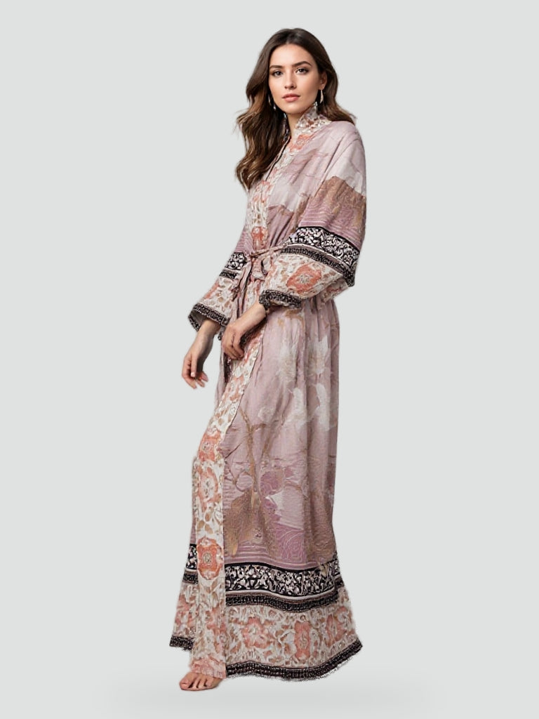 Kimono femme à motif floral avec ceinture, idéal pour la plage