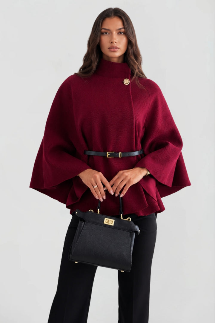 Cape élégant pour femme avec ceinture et col montant boutonné