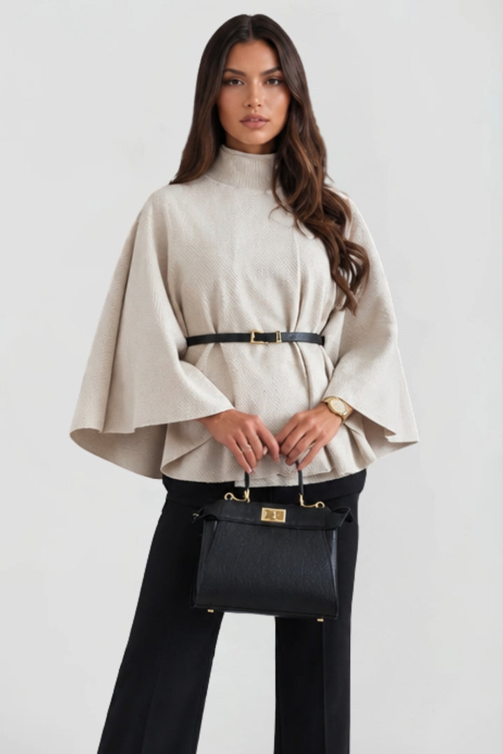 Cape élégant pour femme avec ceinture et col montant boutonné