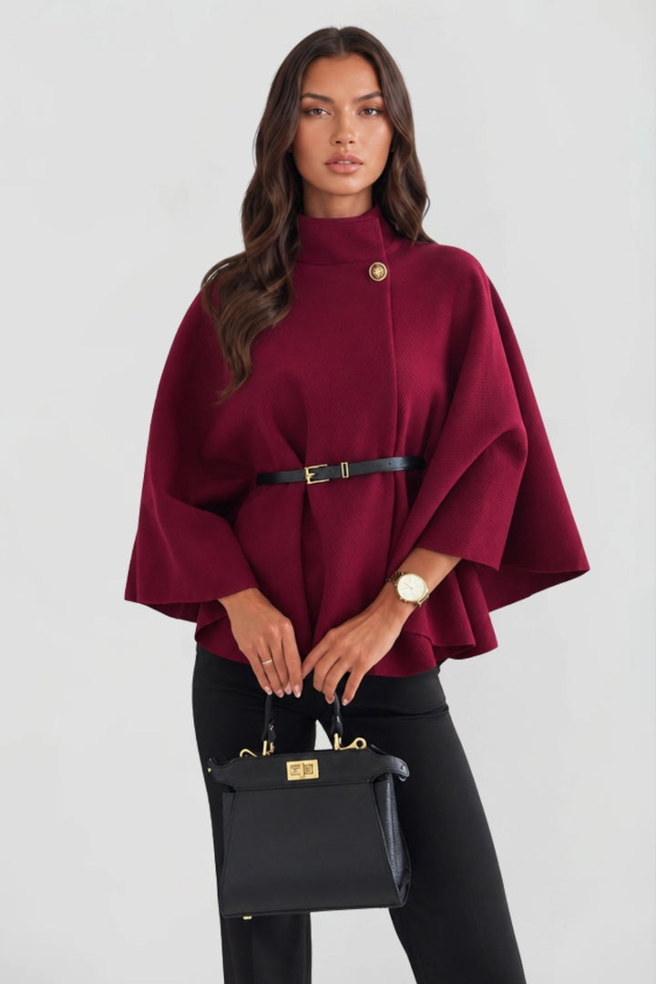 Cape élégant pour femme avec ceinture et col montant boutonné