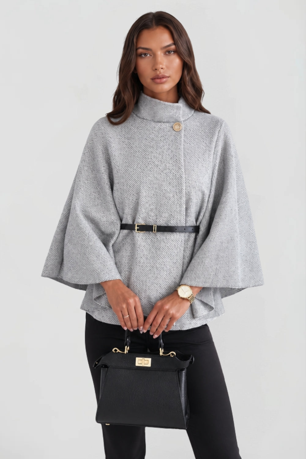 Cape élégant pour femme avec ceinture et col montant boutonné
