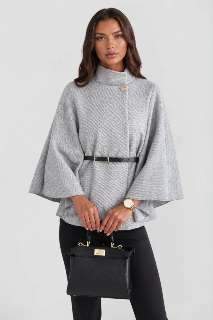 Cape élégant pour femme avec ceinture et col montant boutonné