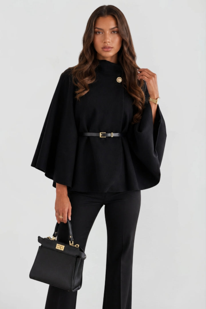 Cape élégant pour femme avec ceinture et col montant boutonné