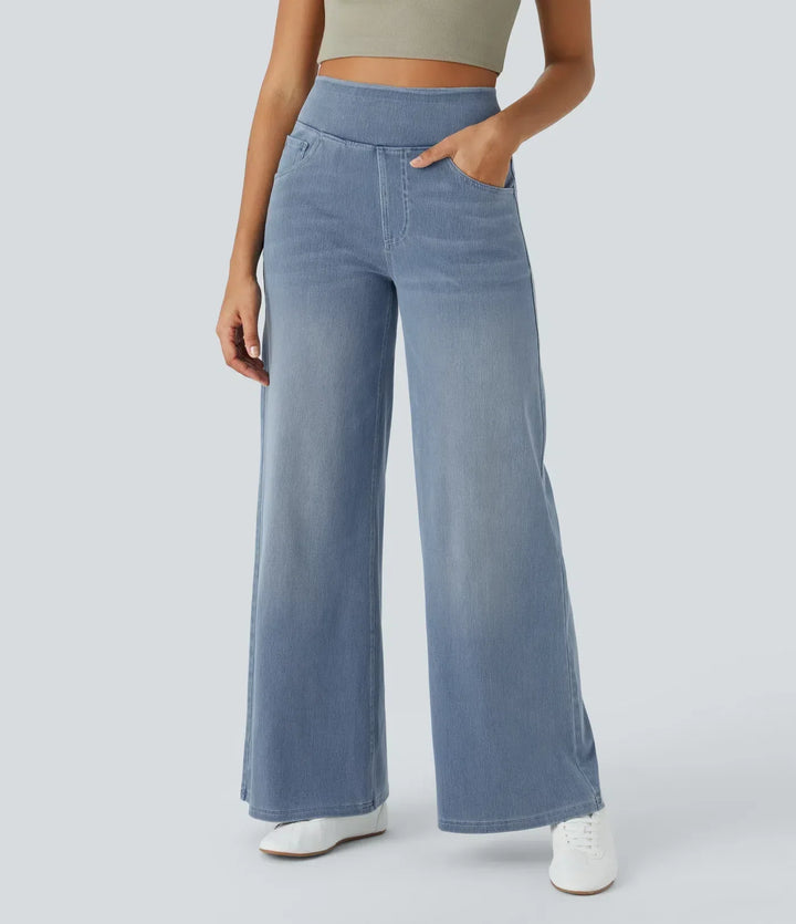 Dames spijkerbroek met hoge taille, wijde pijpen, rekbaar