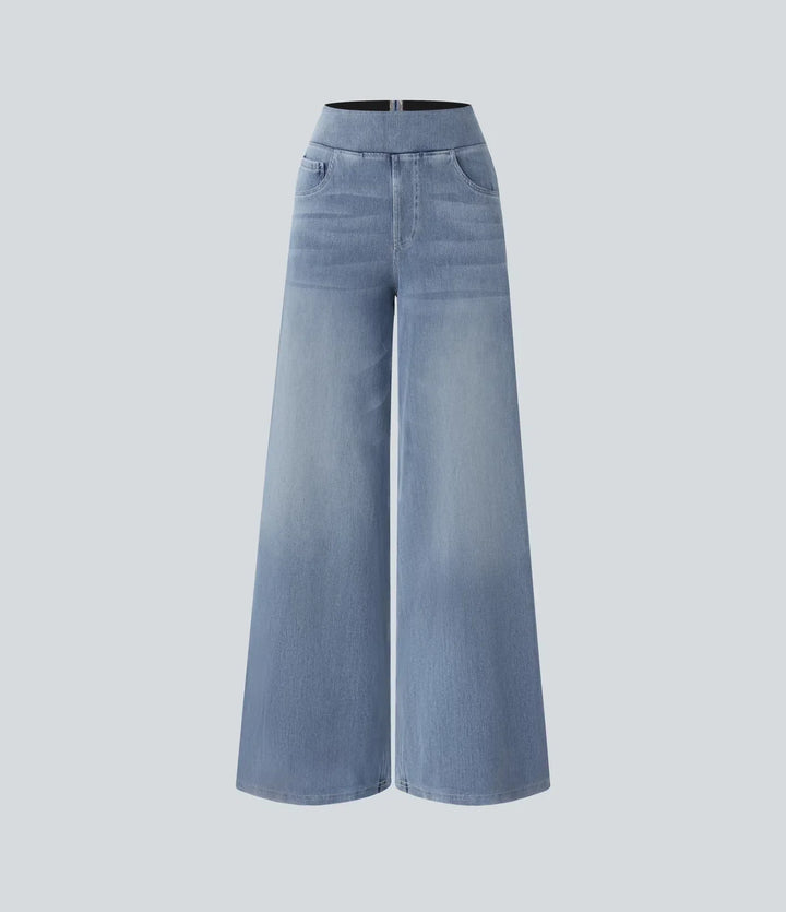 Dames spijkerbroek met hoge taille, wijde pijpen, rekbaar