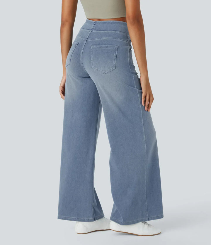 Dames spijkerbroek met hoge taille, wijde pijpen, rekbaar
