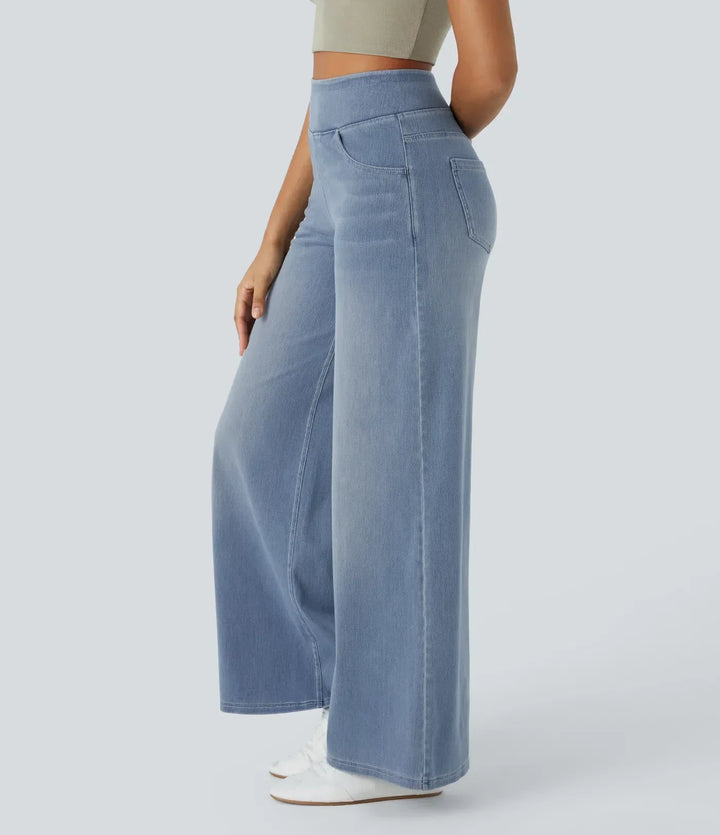 Dames spijkerbroek met hoge taille, wijde pijpen, rekbaar