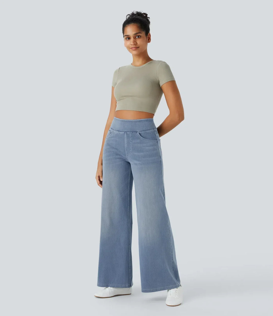 Dames spijkerbroek met hoge taille, wijde pijpen, rekbaar