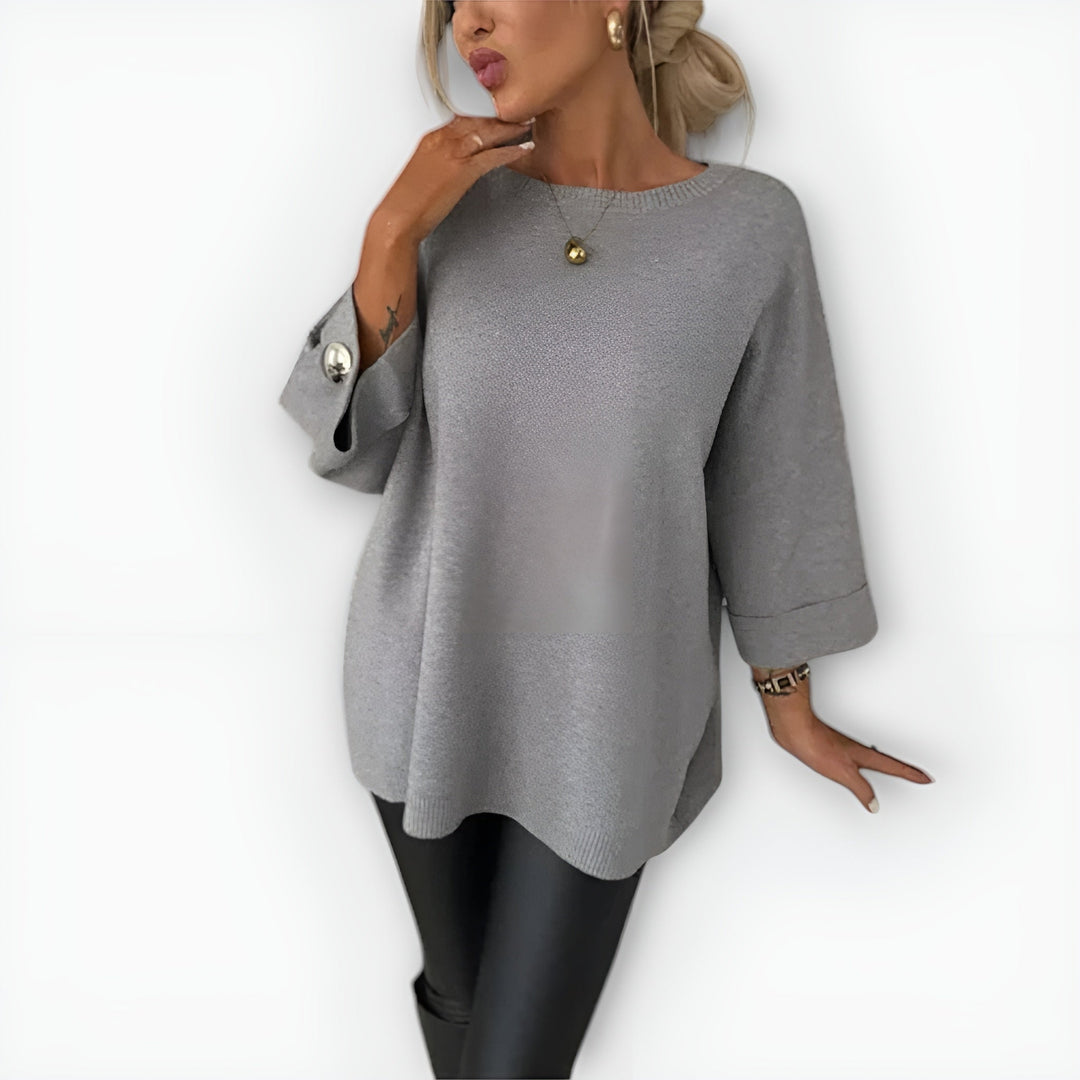 Luźny sweter damski oversize z rękawem 3/4 i guzikami – Szary