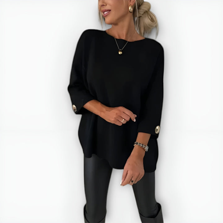 Luźny sweter damski oversize z rękawem 3/4 i guzikami – Czarny