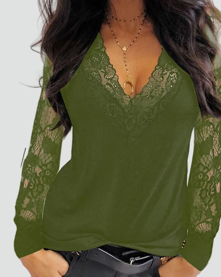 Elegante dames kanten blouse met V-hals en lange mouwen